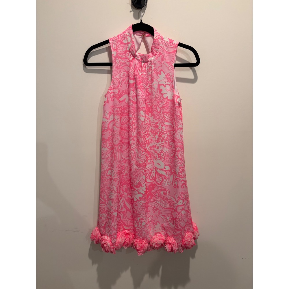 Lilly Pulitzer Pink White Floral Rosette Hem Mock Neck Shift Dress XXS